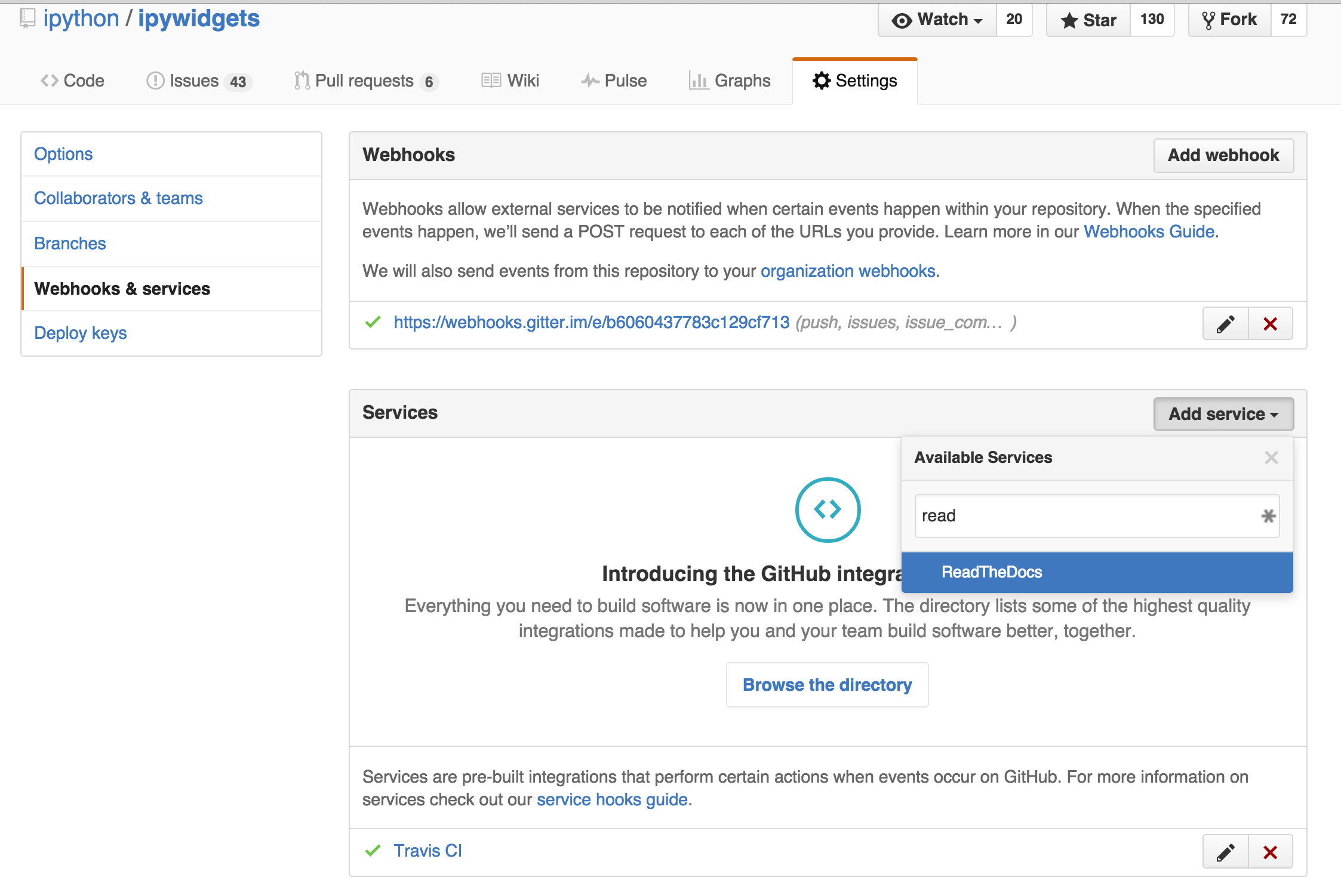 Settings and Webhooks & services submenu